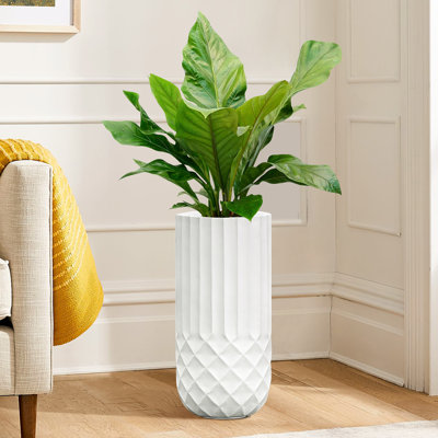 Handmade White Geometric Fiber Stone Round Tall Pot Planters
