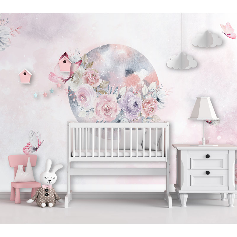 Papier peint rose avec art floral, L 94,92 po x l 143 po