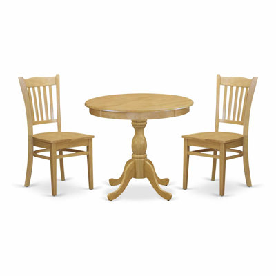 3 Piece Dining Table Set Includes 1 Round Pedestal Dining Table and 2 Oak Dining Room Chairs with Slatted Back - Oak Finish