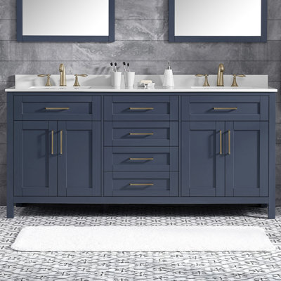 Tahoe 72 in. Midnight Blue Double Sink Bathroom Vanity, Engineered Stone Top with Backsplash, Satin Brass Hardware