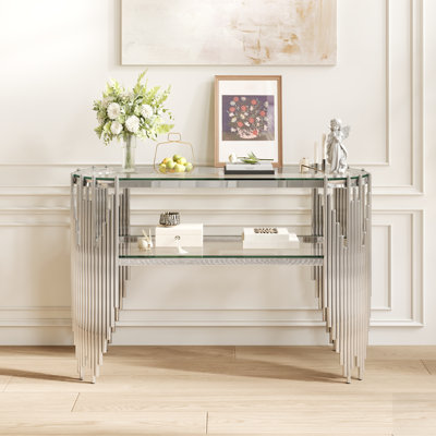 Console de luxe avec tablettes en verre trempé à 2 niveaux, table d'entrée ovale moderne pour le couloir et le salon, structure en acier inoxydable poli