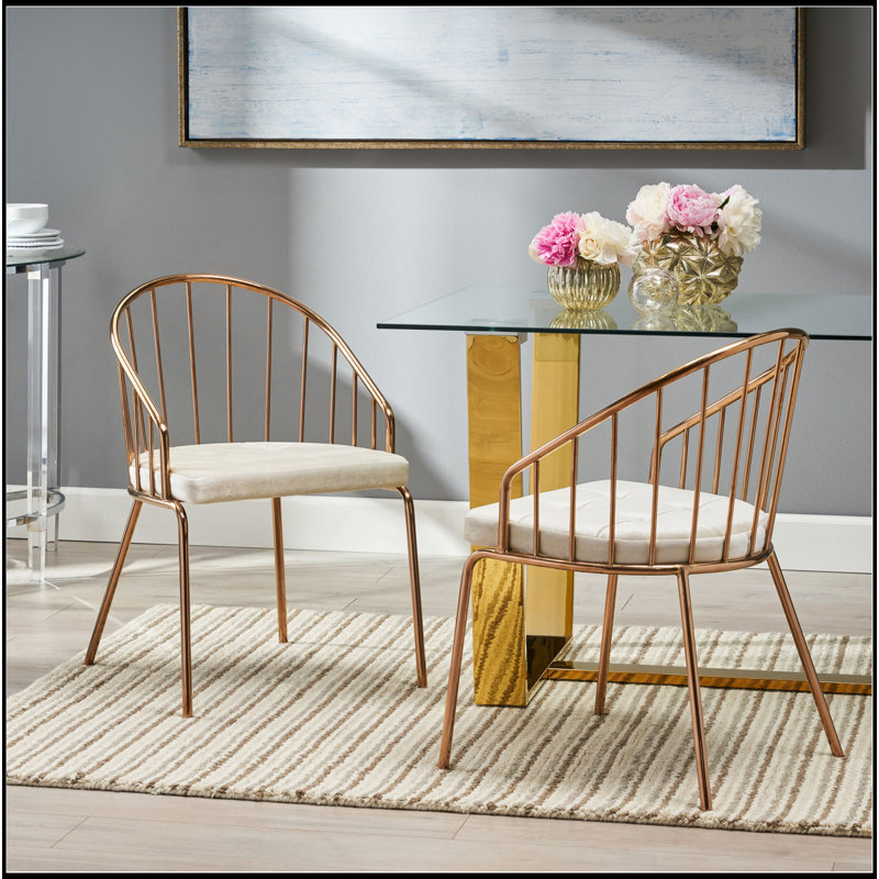 Chaise de salle à manger rembourrée en velours avec structure en acier inoxydable, or rose, coussin beige (ensemble de 2)