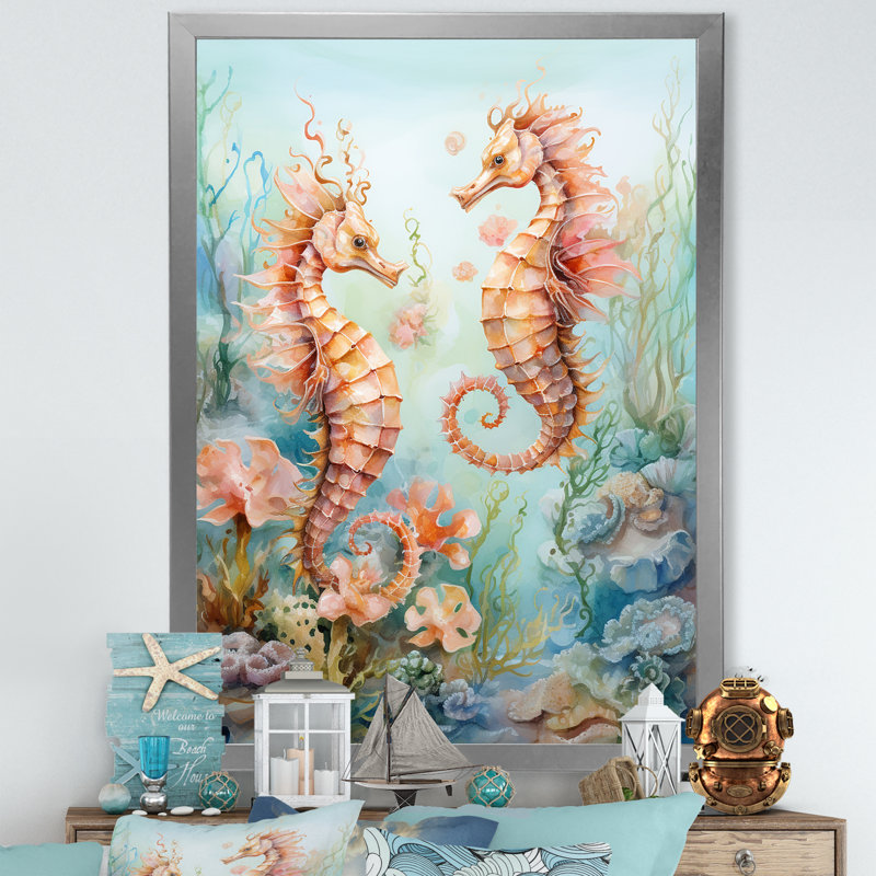 «Watercolor Sea Dragons Dance» sur toile, H 20 po x l 12 po x P 1 po, Cadre photo argenté
