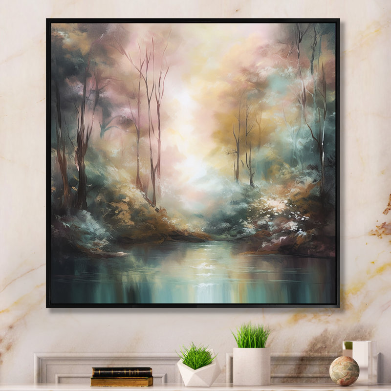 «Whimsical Stream - Mountains», art mural, Cadre flottant noir, 44" H x 44" W