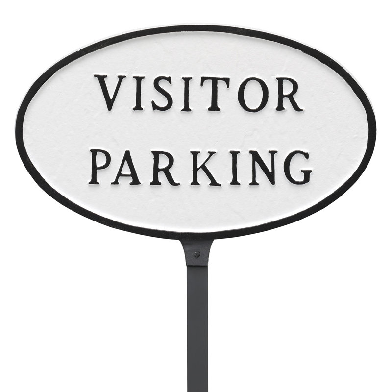 Standard Oval Visitor Parking Statement Plaque Sign with Lawn Stake, White/Black, 8.5" H x 13" W x 0.25" D