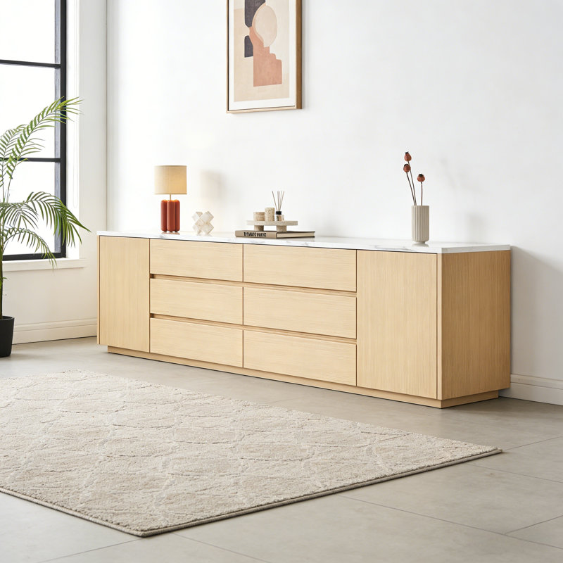 Meuble télé simple et élégant avec rangement, Blanc / bois noueux