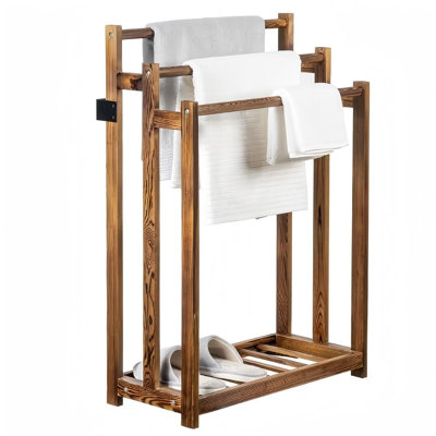 3 Tier Towel Rack, Wooden Quilt & Blanket Holder with Shelf, Three Levels Organize Towels, Quilts, and Blankets With A Lower Shelf For Extra Storage In Rustic Home Spaces, (Rustic Brown)