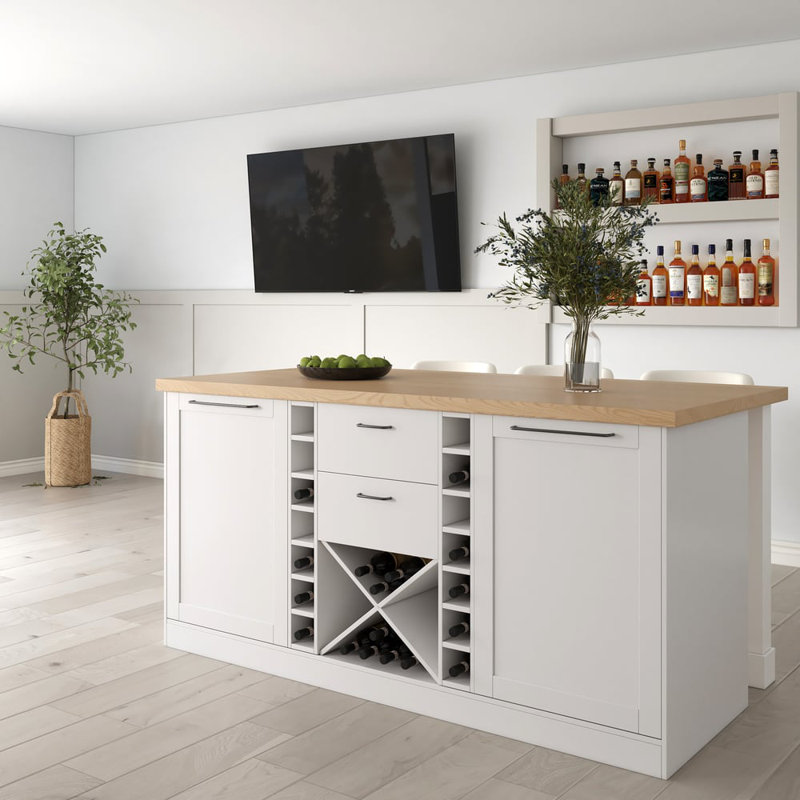 72" Modern Kitchen Island With Wine Storage, Engineered Wood, Natural/White
