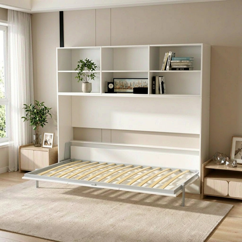 Lit escamotable simple moderne avec rangement et vérins à gaz pour la chambre à coucher ou la chambre d'amis, blanc