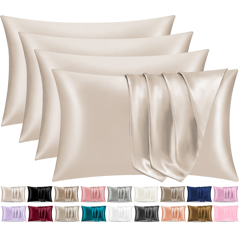 Satin Silk Pillow Cases Pack of 4 Super Soft Smooth Pillow Covers Breathable Hypoallergenic Envelope Closure, Beige