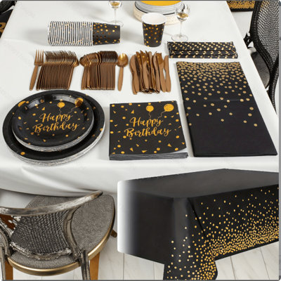 Ensemble de vaisselle jetable noir et or Happy Birthday avec assiettes, tasses, couverts et serviettes de table