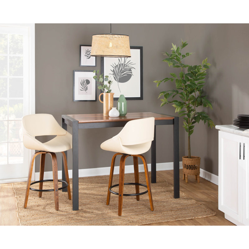 Najrin Faux Leather Upholstered Bar & Counter Stool with Round Footrest, Cream, Walnut/Black, Counter Stool (26" Seat Height)