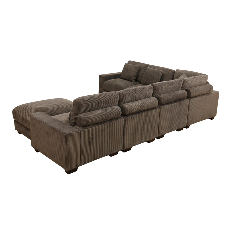Arial 123" 7-Piece Premium Corduroy Reversible Living Room Modular Sectional Sofa with Ottoman, Brown