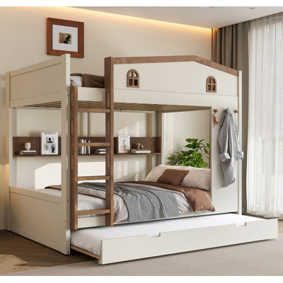 Lit superposé grand avec lit gigogne et tablettes de rangement, lits superposés en bois massif avec crochets, pas de sommier nécessaire, beige et naturel