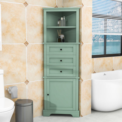 Grande armoire de coin de salle de bain autoportante avec tablettes réglables, portes et tiroirs triangulaires