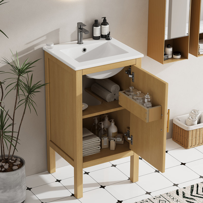 Armoire de salle de bain 18 po avec rangement, solution pour petit espace avec lavabo en céramique, tablette réglable, charnières à fermeture en douceur