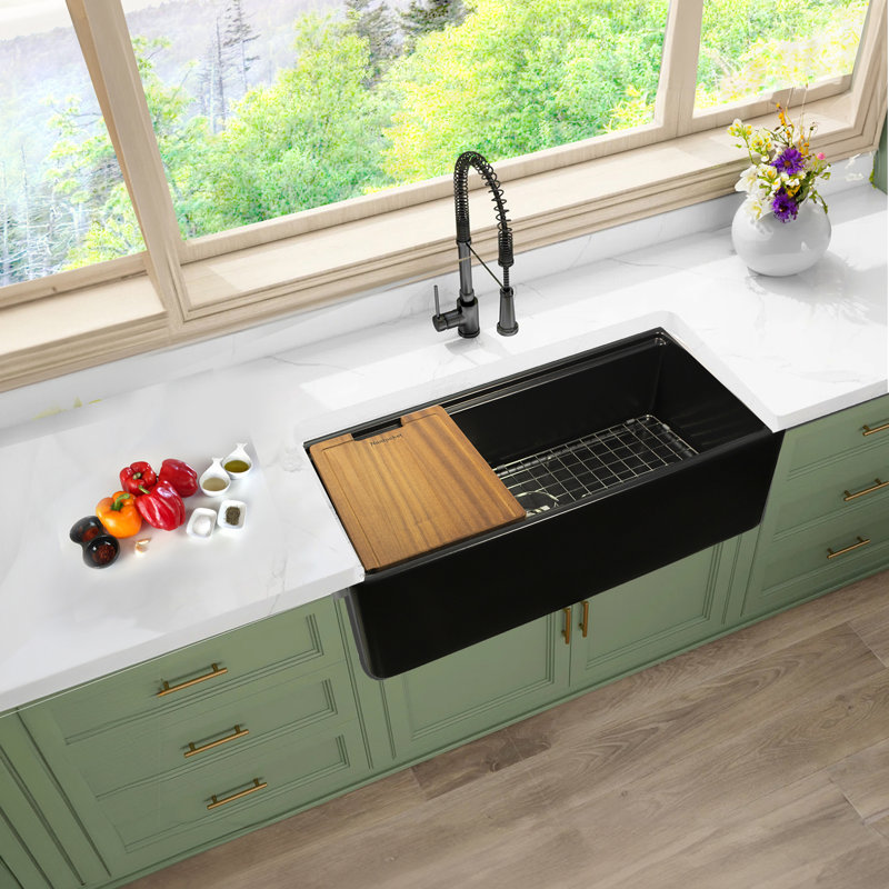 35.75 Inch European Fireclay Farmhouse Prep Station Sink, Matte Black