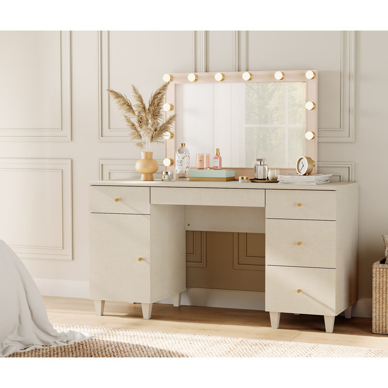 58" Wooden Vanity Desk With Drawers And Storage Cabinet, Modern Makeup Dressing Table With Charging Station For Bedroom