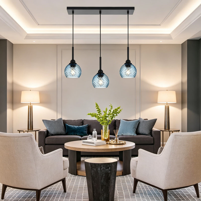 Luminaire suspendu linéaire à 3 lumières pour îlot avec globe en verre à rayures bleues, lustre noir de style campagnard pour cuisine, salle à manger, bar, salon, hauteur de suspension réglable, base standard E26