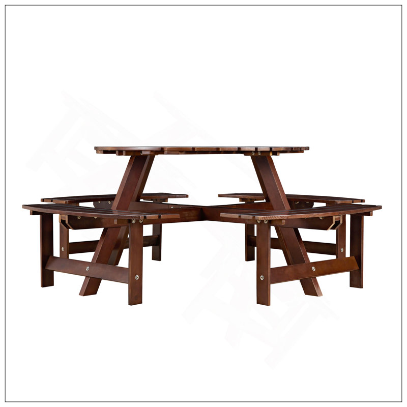 Outdoor 8 Person Picnic Table, 8 Person Round Picnic Table With 4 Built-In Benches, Umbrella Hole, Outside Table And Bench Set For Garden, Backyard, Porch, Patio