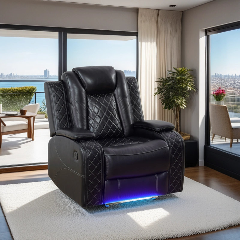 POPO-37.5" Breathing Leather Power Recliner Chair with LED Light and Storage Armrest