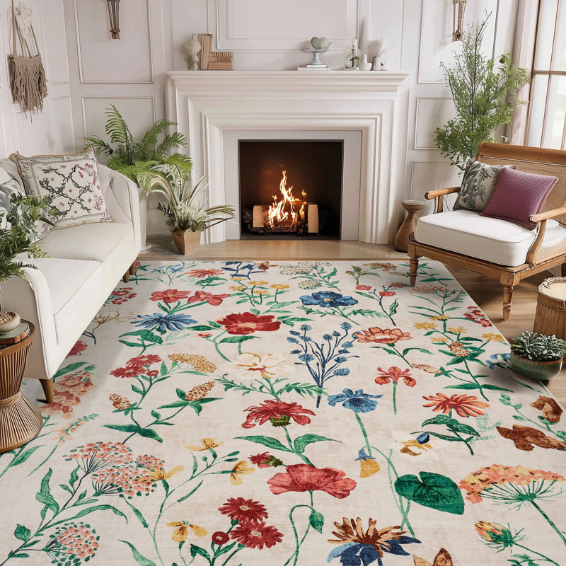 Vintage Floral Washable Rug, 5x7 Low Pile Soft Non Slip Area Carpet for Living Room Bedroom Kitchen Dining Office, Beige