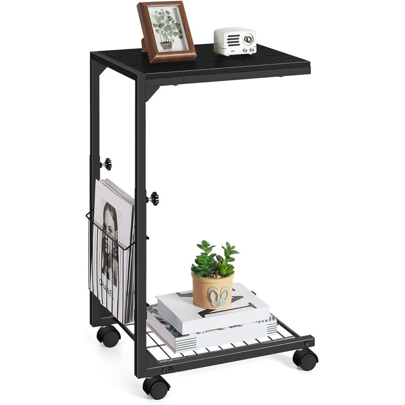 Table d'appoint en forme de C à hauteur réglable avec roulettes et panier de rangement Noir