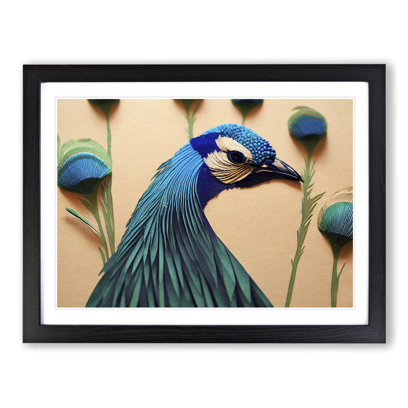 Outstanding Peacock - Single Picture Frame Print, Black, 46cm H x 64cm W x 2cm D