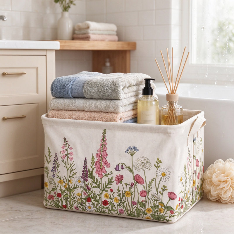 Bacs de rangement de fleurs pliables avec poignées, ensemble de panier pliable de fleurs sauvages pour vêtements, jouets, serviettes et décoration intérieure