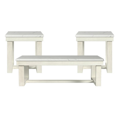 Transitional 3Pcs Square Marble Table Set With Two End Tables, 52-Inch Modern Coffee Table Set For Living Room