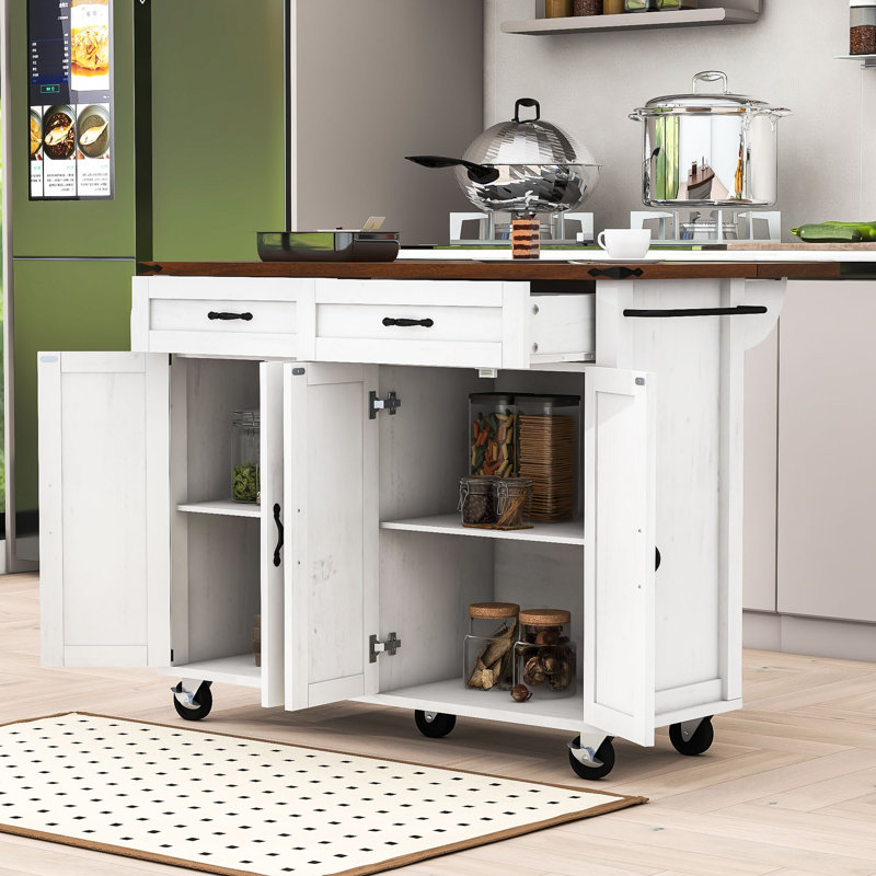Helmut Rustic Kitchen Island with Built-In Charging Station and Adjustable Shelves, White