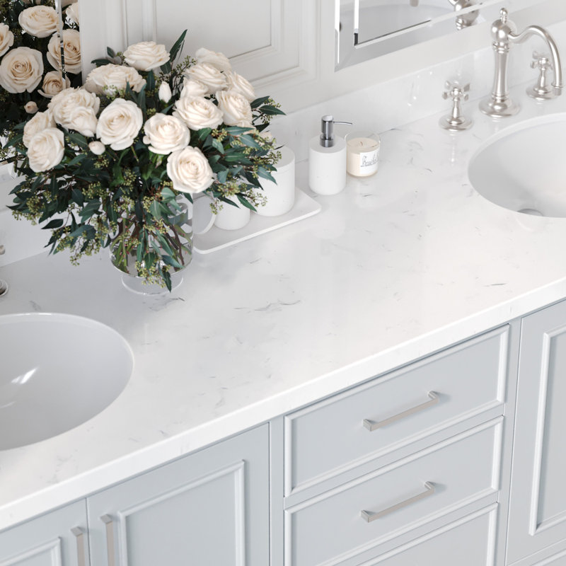 Comptoir de meuble-lavabo en quartz blanc 72 po Ariel avec rebord à onglet épais de 1,5 po avec lavabo double ovale et dosseret inclus