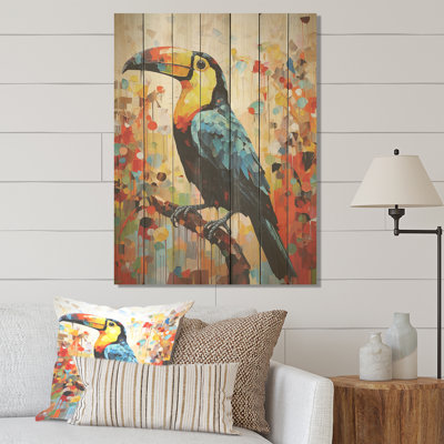 Yellow And Blue Tropical Toucan Jungle II - Toucan Animal On Wood Print