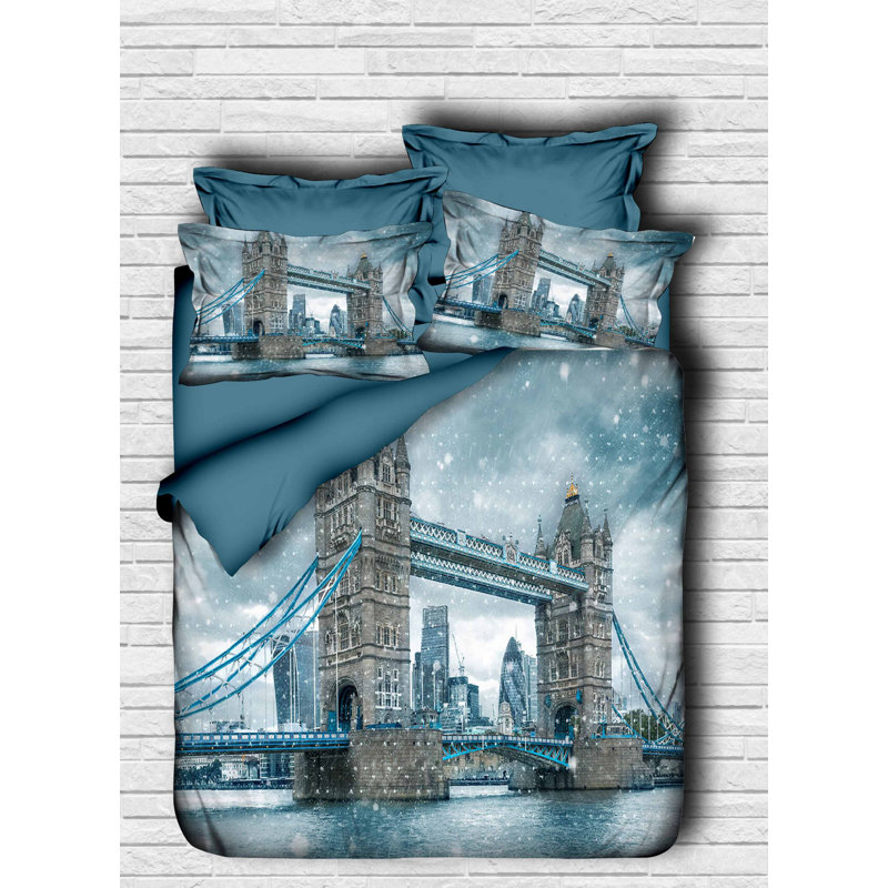 Ensemble de housse de courtepointe luxueuse très grand, 100% polyester de polyester et coton, 94,5 po x 86,6 po | Conception imprimée en 3D, fermeture à glissière, lavable à la machine | Élégantes couleurs bleues, blanches et brunes, comprend 2 tai