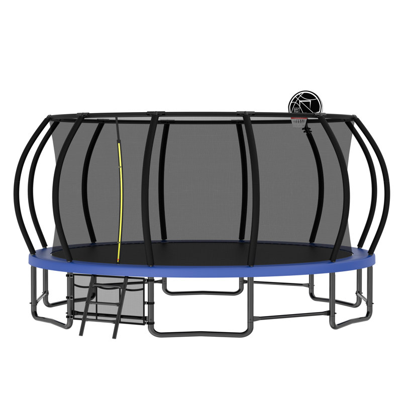 Trampoline rond 15 pi avec panier de basketball et filet de sécurité - Système de saut récréatif bleu