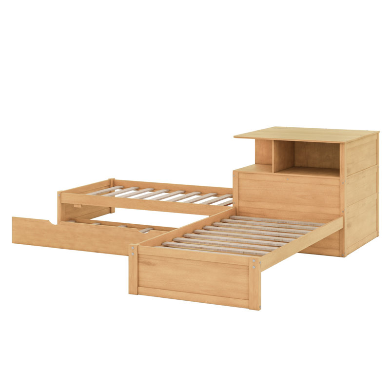 Lit plateforme en L avec bureau intégré, tablettes de rangement, lit gigogne et lumières DEL, Natural