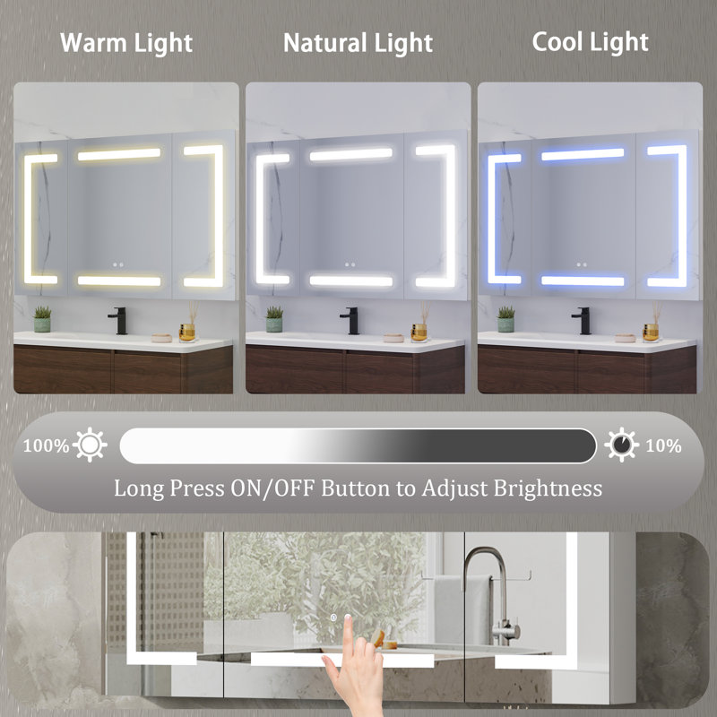 Kyante  Aluminum  Medicine Cabinet with LED Mirror for Bathroom,  Wall Mounted Surface led Medicine Cabinet, Defog, Stepless Dimming, 3 Color Change, 2 Outlets, 2USB