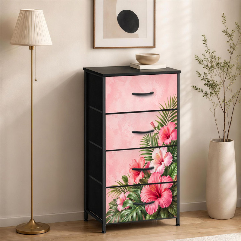 Commode à 4 tiroirs pour la chambre à coucher Hibiscus aux fleurs vibrantes Feuilles vertes tropicales Petite rose pâle Grande commode à vêtements pour organisateurs de placard avec commode