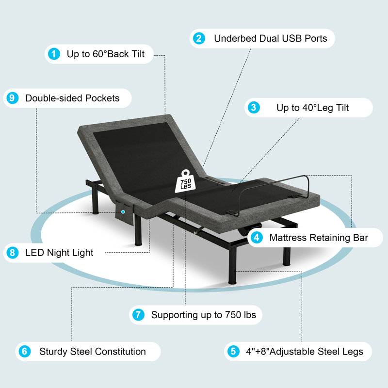 Adjustable Bed Frame With Thickened Structure & Integrated Convenience Features, Twin XL