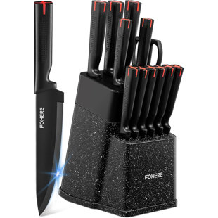 FOHERE 13 Pieces Knife Set with Block Kitchen Knive Sets with Built-in Sharpener Sharp Knife,Black Granite