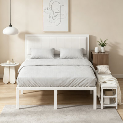 White Full Size Metal Platform Bed with 2-Tier Storage Shelves & Wooden Storage Cabinet, Sturdy Space-Saving Bed Frame