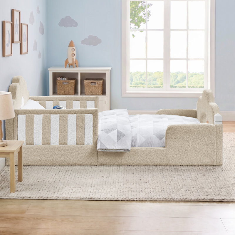 Lit simple avec barrière de sécurité, structure de lit en bois massif, tissu Boucle, chambre à coucher, Camel