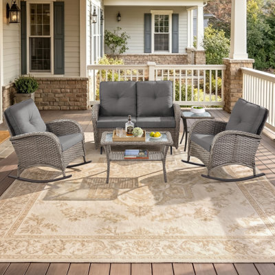 Ensemble de conversation extérieur en résine tressée de 5 pièces, résistant aux intempéries, avec chaises à bascule