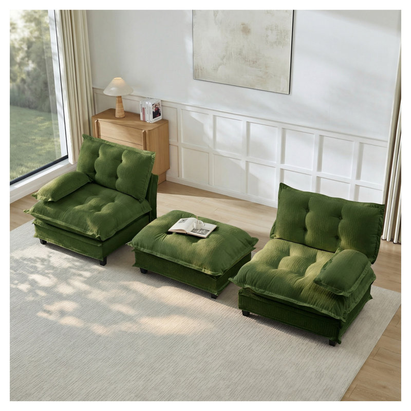 Canapé modulaire 77 po en forme de L en chenille verte avec repose-pieds et canapé modulaire 2 places pour le salon