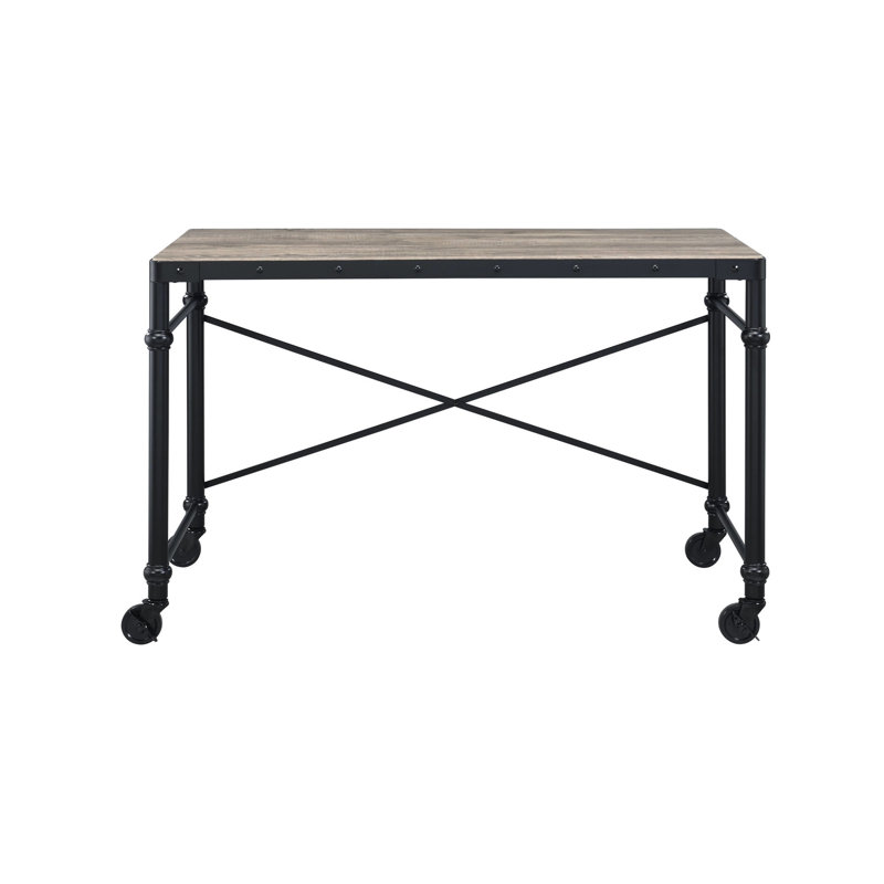 Industrial Style Desk In Rustic Oak & Black Finish, 21"w X 28"h Knee Area, 70lbs Max Weight, Composite Wood, Metal Base With Wheels