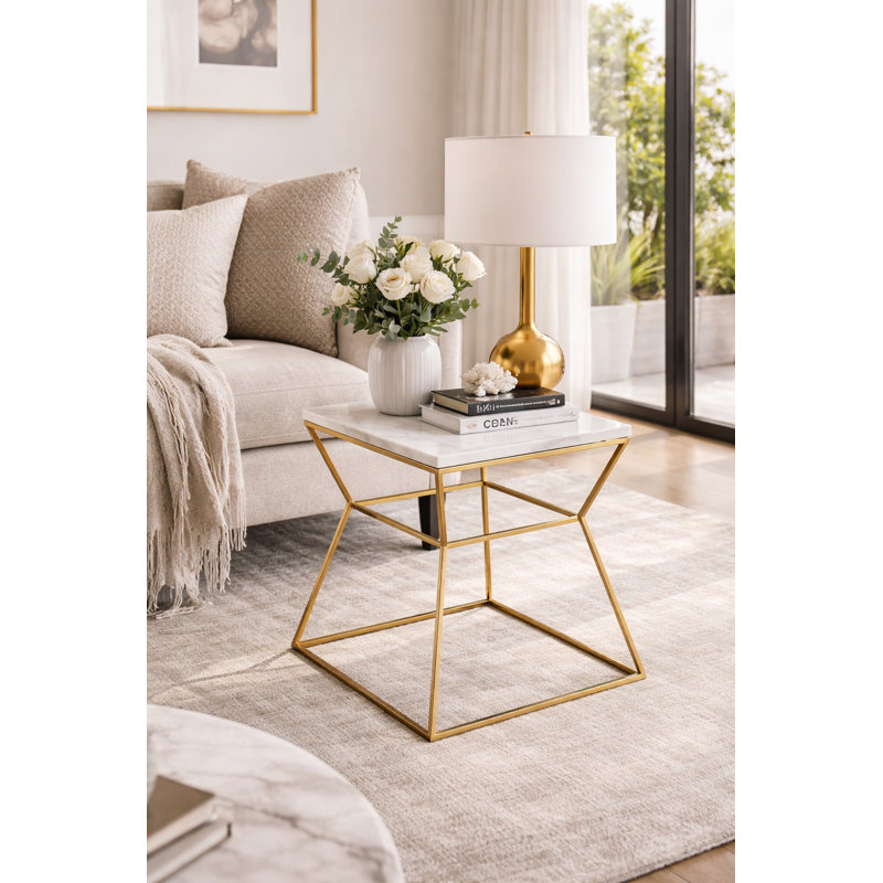     Geo Pedestal End Table - Gold Marble Side Table – Modern Luxury Stone Accent Table - White Marble Side Table