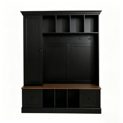 62.2" Wide Hall Tree with Shoe Storage Bench, Entryway Coat Rack with 5 Hooks, 3 Storage Cabinets & Adjustable Shelf for Hallway, Living Room