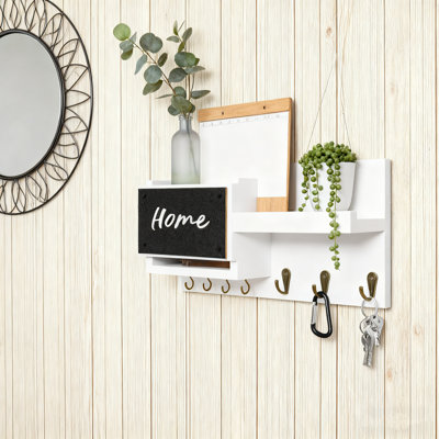 Wall Mount Key Holder With 8 Hooks, Chalkboard Message Center, And Storage Shelf, Natural Wood Entryway Organizer For Keys, Mail, And Essentials
