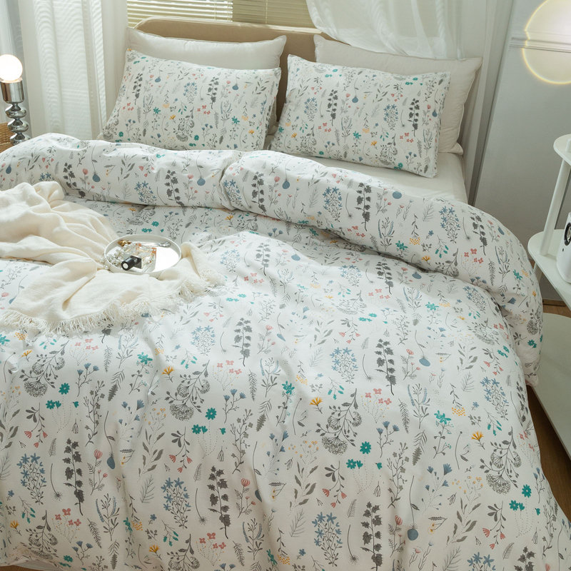 Cotton Floral Duvet Cover Set, King Duvet Cover + 2 Standard Shams, Teal Floral