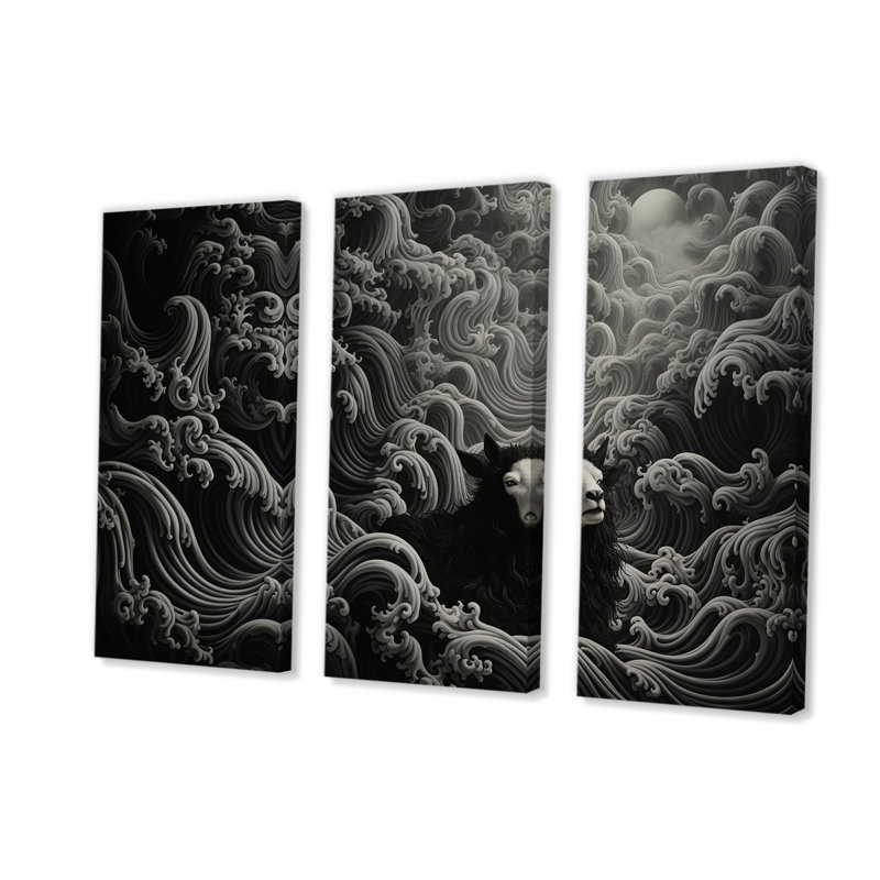Portrait abstrait de chèvre noir et blanc III - Chèvre, art mural, Toile tendue, H 28 po x l 36 po